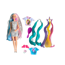 Lade das Bild in den Galerie-Viewer, Barbie-Puppe, mit Meerjungfrauenhaar und Einhorn-Haarkrönchen