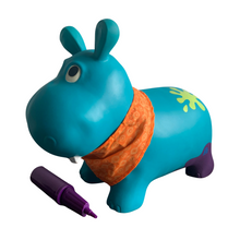 Lade das Bild in den Galerie-Viewer, Hüpftier Hippo mit Handpumpe, 42cm Aufblasbarer Blauer Hüpfball in Tierform
